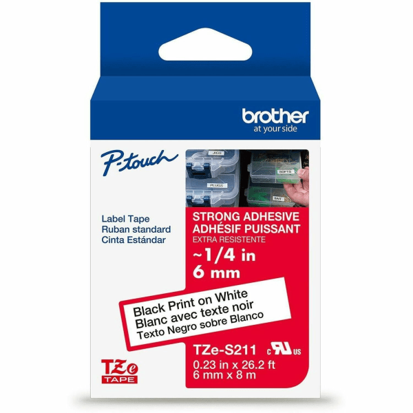 Brother P-touch TZeS211 Black Print on White Label Tape 1/4in (6mm) x 26.2ft (8m) Laminated 1-Piece